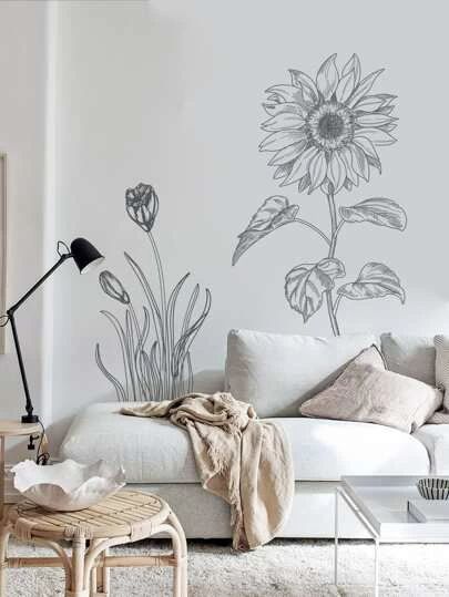 Line Drawing Sunflower, Sticker Sketch, Wall Drawing Ideas, Wall Drawings, Creative Wall Decor, Wall Decor Decals, Wall Drawing, Sketch Style, Wall Stickers Bedroom