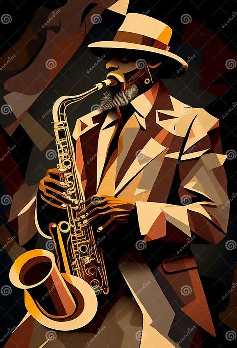 Afro-American Male Jazz Musician Saxophonist Playing a Saxophone in an Abstract Cubist Style Painting Stock Illustration - Illustration of america, instrument: 270765648 Playing Saxophone Drawing, Guitar Art Painting, Afro Painting, Jazz Painting, Heritage Art, Piano Art, Jazz Art, Music Drawings, African Heritage