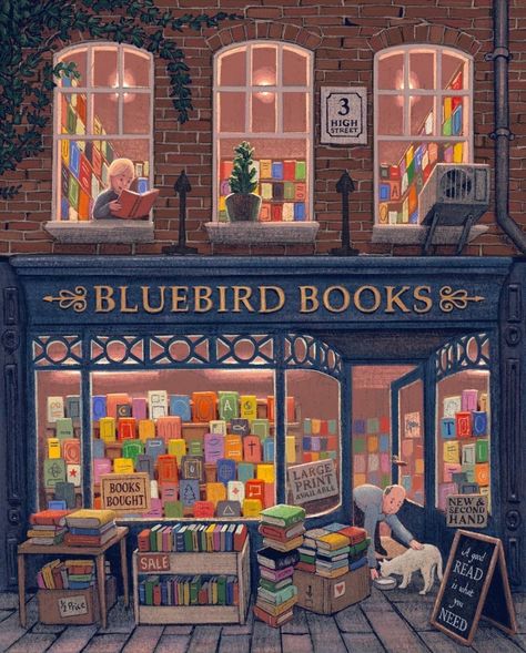 동화 삽화, Shop Illustration, Cozy Mysteries, Dessin Adorable, Dreamy Art, Book Nooks, Book Store, I Love Books, Bluebird