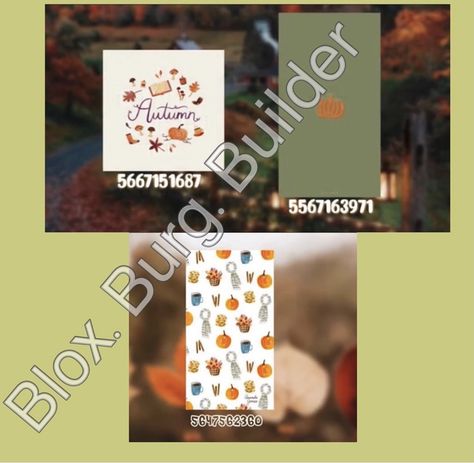 Bloxburg Decals Codes Wallpaper Autumn, Halloween Decals Bloxburg, Blocksburg Decals, Bloxburg Autumn, Bloxburg Photos, Bloxburg Halloween, Decal Bloxburg, Bloxburg Pictures, Bloxburg Tips