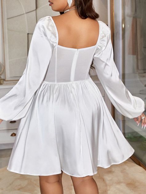 SHEIN Plus Sweetheart Neck Lantern Sleeve Bustier Satin Dress | SHEIN USA Satin White Dress With Sleeves, Satin White Dress, White Dress With Sleeves, Silk Dresses, Dress With Sleeves, Lantern Sleeve, Sweetheart Neck, Satin Dress, Lantern Sleeves