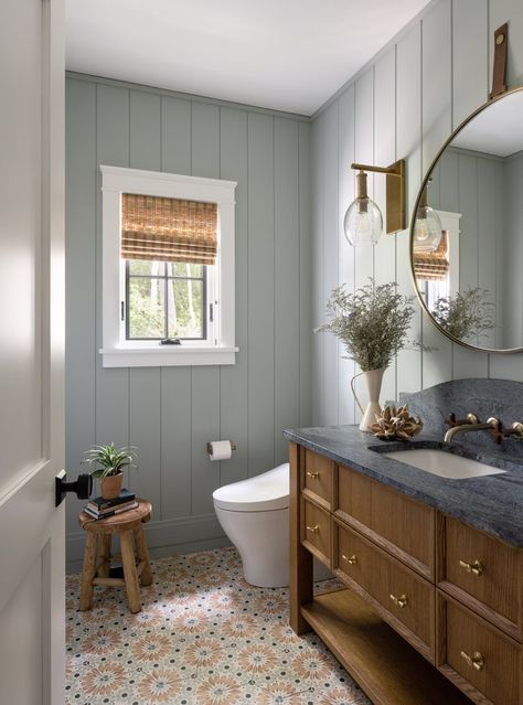 Beacon Ave — Holly Gagne Guest Bathroom Tile Wall, Tan Shiplap Bathroom, Upward Sherwin Williams Bathroom, Wood Paneled Bathroom, Wainscoting Bathroom Ideas, Bead Board Bathroom Walls, Green Ceiling Bathroom, Horizontal Shiplap Bathroom, Cape Cod Bathroom Ideas