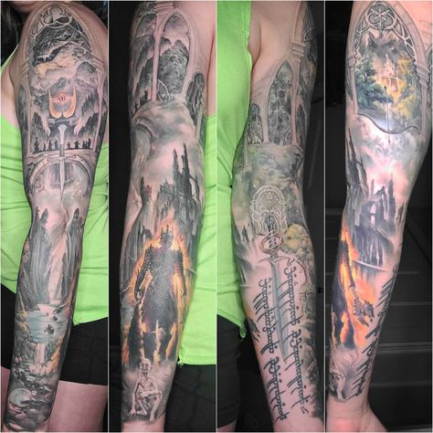 Incredible colour realistic Lord of the Rings themed sleeve done by @katarina.heinze! There is script, and all sorts of things from LOTR found in this sleeve. Nature scenery, the eye of Sauron. and Sauron himself and many other recognizable places from the movies! Gandalf Tattoo, Hobbit Tattoo, Final Fantasy Tattoo, Ring Tattoo Designs, Lotr Tattoo, Rings Tattoo, Lord Of The Rings Tattoo, Earth Tattoo, Mama Tried