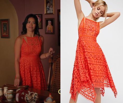 Jane Villanueva (Gina Rodriguez) wears this orange lace double strap hankerchief hem asymmetrical dress in this episode of Jane the Virgin, “Chapter Seventy-Four”. It is the Free People Like Honey Asymmetrical Lace Dress. Buy it HERE for $75.00 Jane Villanueva Outfits, Jane The Virgin Petra Outfits, Sitcom Outfits, Jane The Virgin Dresses, Petra Jane The Virgin, Jane The Virgin Outfits, Jane The Virgin Movie Poster, Classy Party Outfit, Hankerchief Hem