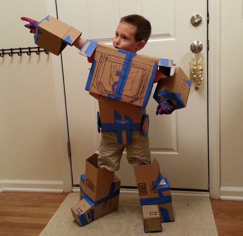 Transformers Cardboard Costume, Cardboard Robot Costume, Diy Transformer Costume, Transformer Halloween Costume, Transformers Costume, Cardboard Robot, Transformer Costume, Transformers Birthday Parties, Adhesive Shelf