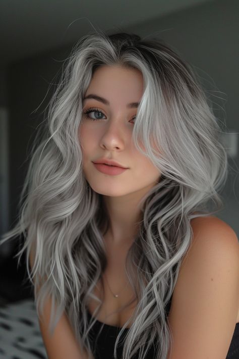 Silver Hair Dark Roots, Dark Grey Hair Color, Silver Hair Color Ideas, Hair Stripes, Long Silver Hair, Silver White Hair, Pretty Nose, Long White Hair, Grey White Hair