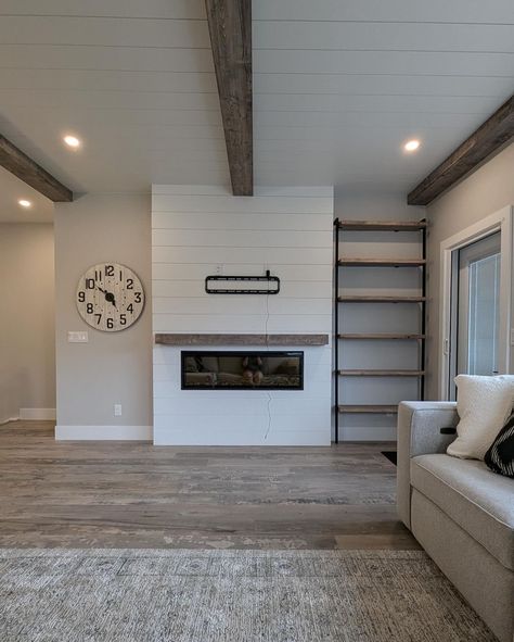 Shiplap Ceiling With Beams, Ceiling With Beams, Shiplap Ceiling, Living Room Ceiling, Wall Molding, The Fireplace, Two Birds, Ceiling Beams, Home House