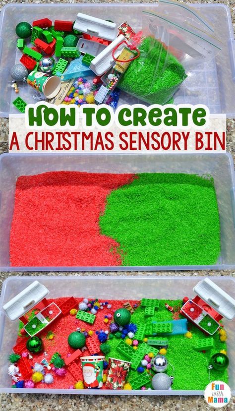 Christmas Sensory Bin - Fun with Mama - holiday learning activities - Christmas education - DIY learning - sensory bin fun - #sensorybin #christmas #DIYcrafts Christmas Sensory Bin, Christmas Sensory, Christmas Activities For Toddlers, Play Activity, Toddler Sensory, Christmas Play, Christmas Activities For Kids, Toddlers And Preschoolers, Kids Sensory