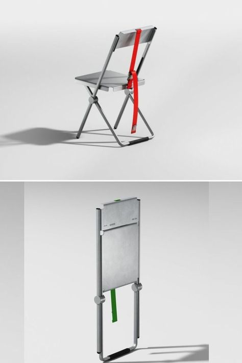 Tekron Chair by Acasso Folds and Unfolds With a Lifting Strap Folding Mechanism Design, Metal Chair Design, Fold Chair, Folding Chair Design, Compact Chair, Steel Furniture Design, Foldable Chair, Folding Mechanism, Metal Folding Chairs