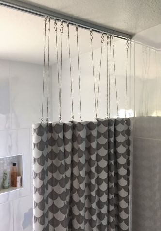 Shower Curtain Track Using 88001 Track and 7185 Drop Chains - Amy B - Carlsbad, CA Ceiling Mount Shower Curtain Track, Shower Curtains For Small Bathrooms, Elephant Bathroom, Double Shower Curtain Rod, Shower Curtain Track, Boys Bathroom Decor, Accessible House, Curtain Inspiration, Curtain Tracks