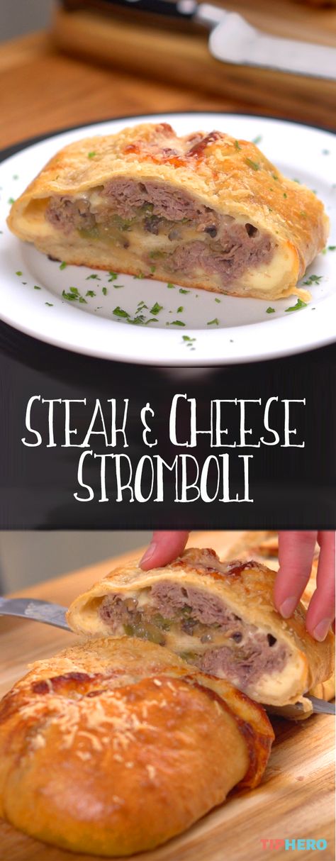 Calling all pizza and steak-and-cheese-lovers, this recipe is for you! You get the best of both in this Steak & Cheese Stromboli. Sure to be a family favorite! Click for the recipe and how to and give it a try!  #familydinner #dinnertime #mealideas #yum Cheese Stromboli, Stromboli Recipe Easy, Steak And Cheese, Cheese Crust Pizza, Stromboli Recipe, Healthy Pizza, Meat And Cheese, Wrap Sandwiches, Roast Beef