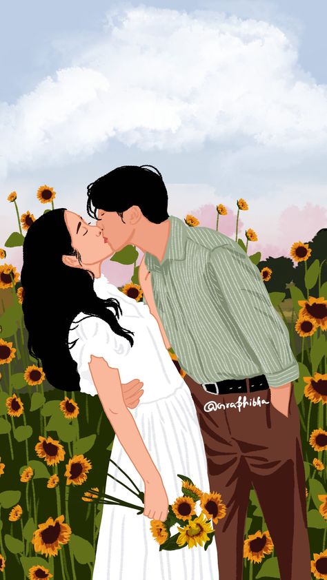 Couples in sunflower field illustartion Indian Couple Painting Romantic, Portrait Painting Tutorial, Cute Drawings Of Love, Sunflower Illustration, Romantic Drawing, Couple Painting, Dreamy Photography, Love Animation Wallpaper, Sunflower Field