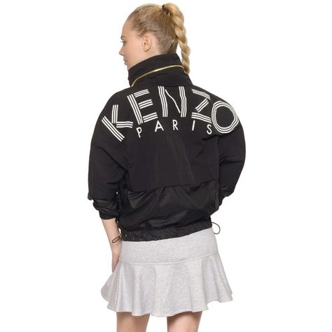 Kenzo Jacket, High Collar Jacket, Kenzo Logo, Women Logo, Drawstring Jacket, Jackets Black, Collar Jacket, Black Nylon, Black Nylons