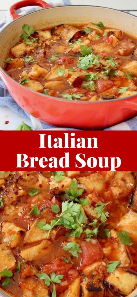 Italian bread soup recipe or Pappa al Pomodoro, a rustic peasant Tuscan tomato soup that is hearty, comforting and filling. A light version of ribollita! Tuscan Italian Soups, Tomato Bread Soup Tuscan, Tomato And Bread Soup, Tuscan Tomato And Bread Soup, Italian Tomato Bread Soup, Italian Bread Soup Recipe, Italian Peasant Soup, Tuscan Bread Soup, Tuscan Tomato Soup