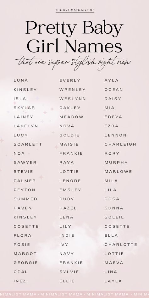 Searching for beautiful baby girl names - uncommon, unique baby names to add to your list? This list of two syllable girl names is full of cute baby names, modern girl names, vintage, old fashioned baby girl names and so much more - including a few unexpected ones! Two Syllable Girl Names, Modern Girl Names, One Syllable Girl Names, Strong Girl Names, Baby Names List, Unique Baby Girl Names