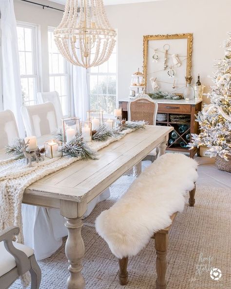 Get inspired by Traditional Dining Room Design photo by #WayfairAtHome. Wayfair lets you find the designer products in the photo and get ideas from thousands of other Traditional Dining Room Design photos. Winter Table Decorations, Shabby Chic Dining Room, Christmas Dining Table Decor, Christmas Dining Table, Christmas Dining Room, Traditional Dining Room, Christmas Decorations Living Room, White Christmas Decor, Christmas Dining