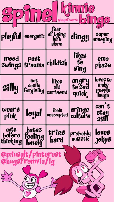 free to use, i'll be making more kinnie bingos. Putting all to my "viabingo" board!!! Kinnie Bingo Steven Universe, Kinnie Bingo Splatoon, Spinel Kinnie Bingo, Steven Universe Kinnie Bingo, Random Bingo, Character Bingo, Kin Bingo, Template Anime, Fun Templates