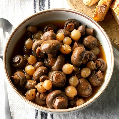 Slow Cooker Marinated Mushrooms Recipe -Here's a terrific healthy addition to any buffet spread. Mushrooms and pearl onions seasoned with herbs, balsamic and red wine are terrific on their own or alongside a tenderloin roast. —Courtney Wilson, Fresno, California Marinated Mushrooms Recipe, Hanukkah Food, Pearl Onions, Marinated Mushrooms, Taste Of Home, Pressure Cooker Recipes, Mushroom Recipes, Pressure Cooker, Cooker Recipes