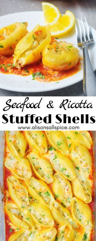 Worthy of a special occasion, these seafood and ricotta stuffed shells are easy to make. Try them for a family dinner, or serve as an appetizer at a party! Stuffed Shells Chicken, Seafood Stuffed Shells Recipe, Seafood Shells, Recipe Ricotta, Seafood Stuffed Shells, Ricotta Stuffed Shells, Shells Stuffed, Chicken Stuffed Shells, Italian Seafood