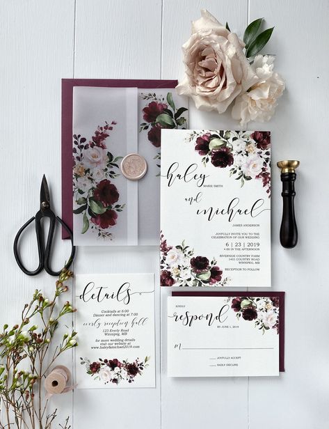 Jewel Tone Wedding Invitations, Floral Vellum, Burgundy And Blush Wedding, Vellum Wrap, Berry Wedding, Invitations Ideas, Jewel Tone Wedding, Luxury Invitation, Green Wedding Invitations