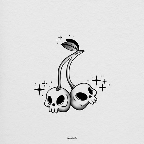 A simple black and white cherry and skill tattoo design with sparkles and stars. Cherry Skull Tattoo Design, Skull Fruit Tattoo, Gothic Cherry Tattoo, Dark Cute Tattoos, Tiny Goth Tattoo, Skull Tattoo Minimalist, Small Skull Tattoo For Women, Skull Small Tattoo, Skull Cherries Tattoo