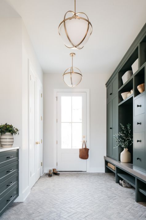 Mudroom Paint Color, Home Exterior Paint, House Development, Laundry Room Paint Color, Laundry Room/mudroom, Mudroom Remodel, Pewter Green, Mudroom Cabinets, Mudroom Flooring