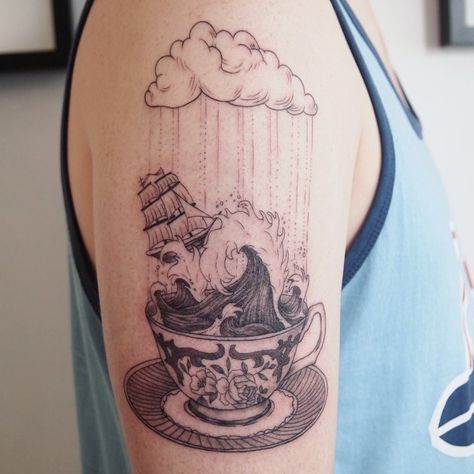 Family Disappointment, Rain Tattoo, Mother Tattoos For Children, Teacup Tattoo, Storm Tattoo, Alchemy Tattoo, Storm In A Teacup, Traditional Tattoo Inspiration, Cup Tattoo