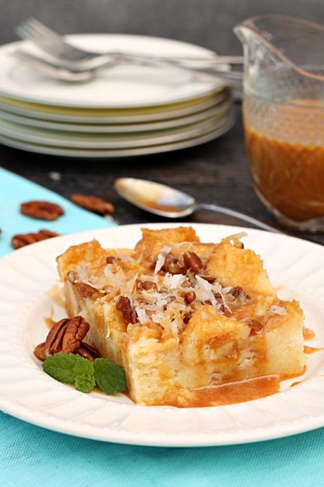 Caramel-Coconut-Caramel-Cream-Bread-Pudding Bananas Foster Bread Pudding Recipe, Coconut Bread Pudding, Nestle Coffee, Caramel Coconut, Cream Bread, Bread Puddings, Cake Mug, Coconut Bread, Leftover Bread