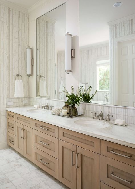 Greige Vanity Cabinet, Wood Accents In Home, Natural Wood Vanity Bathroom, Modern Farmhouse Bathroom Tile, Carrera Marble Bathroom, Bathroom Backsplash Ideas, Bathroom 2023, Oak Bathroom Vanity, Oak Bathroom