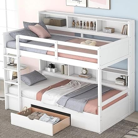 Bed With Bookshelves, Bunk Bed Organization, White Bed Frames, White Beds, Bunk Bed With Storage, Queen Bunk Beds, Solid Wood Bunk Beds, Wood Bunk Bed, Bunk Bed Storage