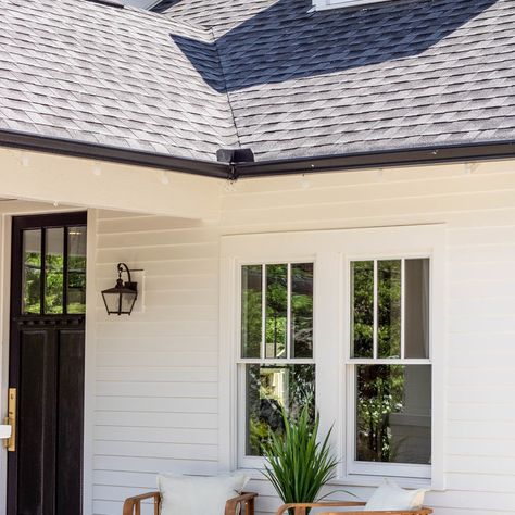 Craftsman Exterior White, All White Craftsman House Exterior, Craftsman White Exterior, Exterior Paint With White Windows, White Small House Exterior, Black And White Craftsman Exterior, White Siding White Windows, Exterior Window Trim Ideas Modern, White Window Exterior