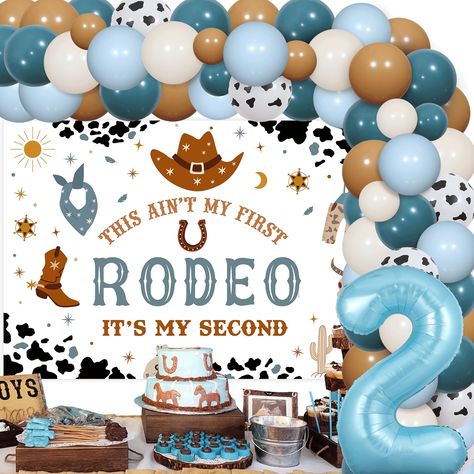 Western 2nd Birthday Party, First Rodeo Backdrop, Cowboy Balloon Garland, Rodeo Backdrop, Second Birthday Boy Themes, 2nd Birthday Party Decorations, Two Birthday Party, 3rd Birthday Party For Boy, Second Birthday Boys