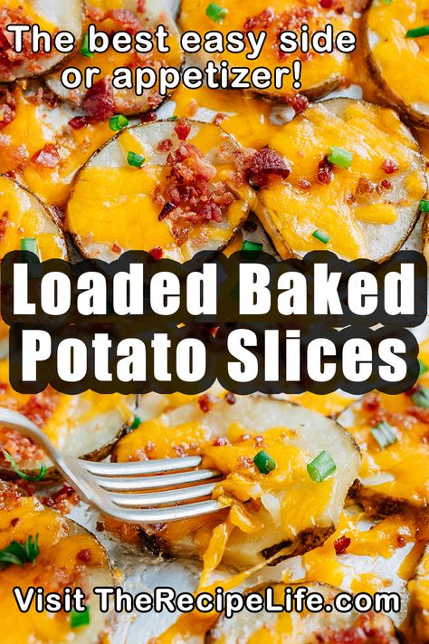 A fork piercing a tender loaded baked potato slice. Loaded Baked Potato Chips, Baked Potato Slices Recipes, Loaded Sliced Baked Potatoes, Potato Skin Slices, Loaded Baked Potato Slices, Potato Rounds With Cheese And Bacon, Oven Baked Sliced Potato With Cheese, Loaded Potato Slices In Oven, Sliced Potatoes With Cheese And Bacon