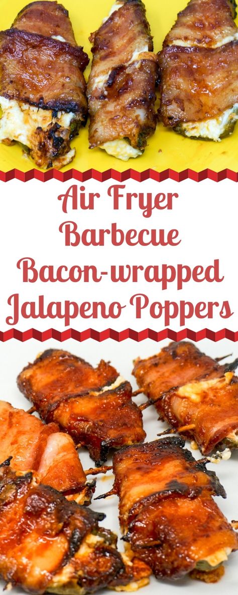 Air Fryer BBQ Bacon-wrapped Jalapeno Poppers are a mouthful to say - and a mouthful of flavor. They're stuffed with a garlic cream cheese filling, wrapped in bacon, and bathed in a brown sugar BBQ sauce. What's not to love? | Jalapeno Poppers in the Air Fryer | Bacon Wrapped Jalapeno Poppers | Bacon Appetizers | Air Fryer Appetizers | #airfryer #bacon #appetizers #jalapeno Brown Sugar Bbq Sauce, Air Fryer Jalapeno Poppers, Air Fryer Jalapeno, Wrapped Jalapeno Poppers, Garlic Cream Cheese, Hot Corn Dip, Air Fryer Bacon, Bacon Wrapped Jalapeno Poppers, Bacon Wrapped Jalapenos