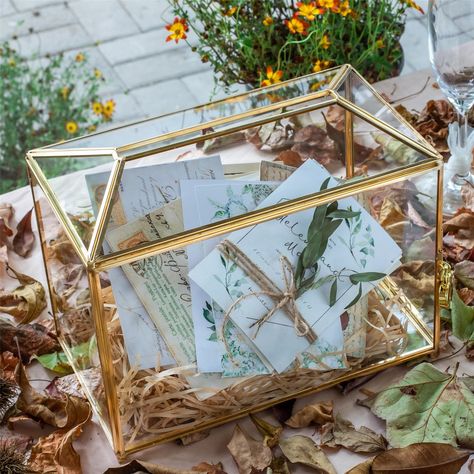 Large Geometric Glass Card Box Terrarium with Slot and Heart Lock, Foot, Gold, Handmade, Brass,for Wedding Receiption, Wishwell, Keepsake Centerpiece - NCYPgarden Gold Wedding Card, Gold Card Box Wedding, Gold Card Box, Terrarium Ideas, Wedding Card Box, Envelope Box, Geometric Terrarium, Gift Card Boxes, Heart Lock