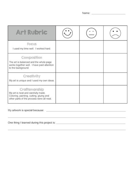 Do you use rubrics for self-assessment with your students?   I developed this rubric based on others I had seen online.  I wanted to get my students thinking more about their artwork and writing a few sentences in reflection.  We haven’t done much writing in art class before, so I didn’t want to overwhelm them.   … … Continue reading → Art Self Assessment, Art Assessment, Grade 1 Art, Art Rubric, Rubric Template, Art Classroom Management, Classe D'art, Art Critique, Art Handouts