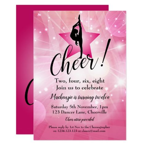 Cheerleader Party Invitation in Pink and Black Cheerleading Birthday Invitations, Cheerleader Party, Cheerleader Birthday, Black Template, Cheerleading Party, Cheer Banquet, Cheer Party, Save The Date Wording, Cheerleading Gifts