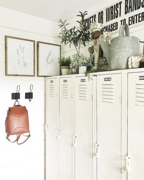 I get asked a lot about our lockers in our mud/locker room. I decided to not put a closet in this space and just use these 5 old lockers.… Old Lockers, Locker Bedroom, Home Lockers, Vintage Lockers, White Decoration, Steel Locker, Mud Room, Locker Room, White Decor