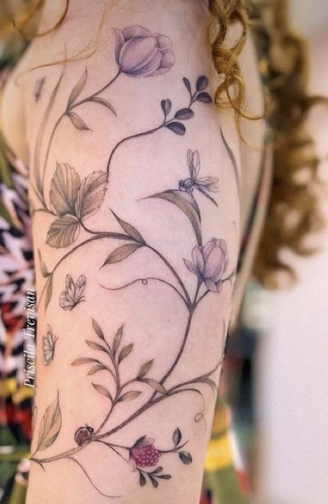 Wildflower Floral Tattoo, Vintage Flower Tattoo Sleeve, Black Tattoo With Pop Of Color, Botanical Tattoo Sleeve Delicate, Cottagecore Sleeve Tattoo, Botanical Arm Tattoo, Vintage Floral Tattoos, Wild Rose Tattoo, Tattoos Flowers