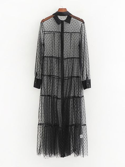 Dobby Mesh Sheer Shirt Dress | SHEIN Sheer Shirt Dress, Dot Overlay, Look Grunge, Natural Clothing, Mode Abaya, Mesh Shirt, Black Clothing, Sheer Shirt, Overlay Dress