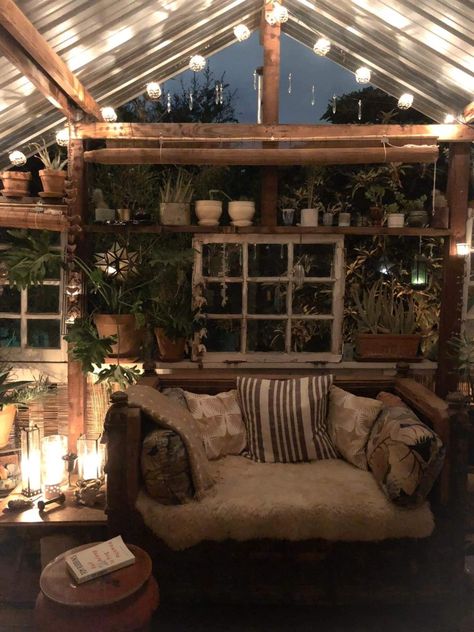 She Shed Witchy, Sunroom Shed, Greenhouse Hangout Ideas, She Shed Office Interior Ideas, Cottagecore She Shed, Cozy She Shed Interior, Witchy She Shed, She Shed Greenhouse Ideas, Greenhouse Hangout