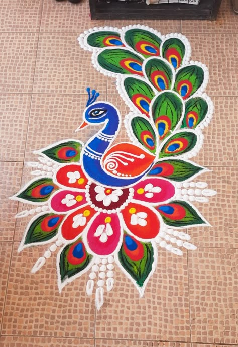 Rangoli Designs Peacock Diwali, Mini Rangoli, Gujarati Font, Ready Rangoli, Peacock Rangoli Designs, Sia Songs, Margali Kolam, Rangoli Designs For Competition, Poster Rangoli