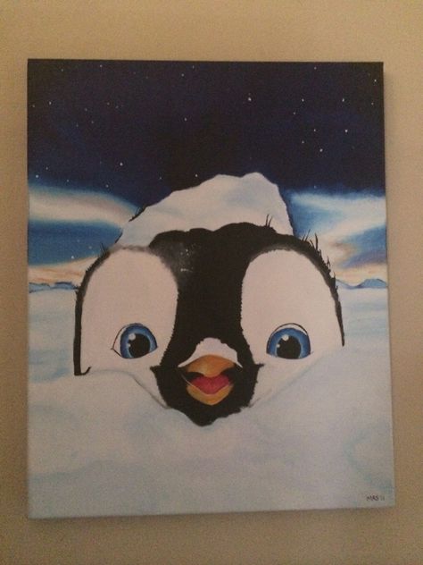 Cute Penguin Painting Acrylic, Painting Ideas On Canvas Penguin, How To Paint A Penguin, Penguin Painting Acrylic Easy, Penguin Painting Easy, Penguin Canvas Painting, Penguin Painting Acrylic, Penguin Paintings, Happy Feet Penguin