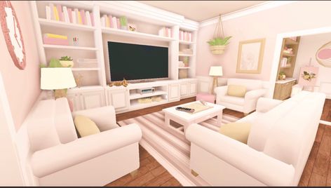 Blocksburg Living Room Ideas, Summer Nails Preppy, Preppy Adopt Me House, Preppy Adopt Me, Adopt Me Small House Ideas, Preppy Living Room, Blush Living Room, Aesthetic Bloxburg, Preppy House