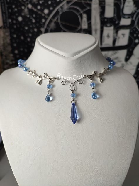 Blue Elven Necklace, Stainless Steel Floral Jewelry, Shiny Crystal Choker, Teardrop Beaded Necklace, Fairycore Handmade Gift. - Etsy Canada Choker Ideas Beaded, Blue Handmade Jewelry, Diy Fantasy Jewelry, Medieval Jewelry Necklaces, Raven Craft, Fantasy Jewelry Necklace, Blue Jewlery, Blue Wedding Necklace, Fairytale Necklace