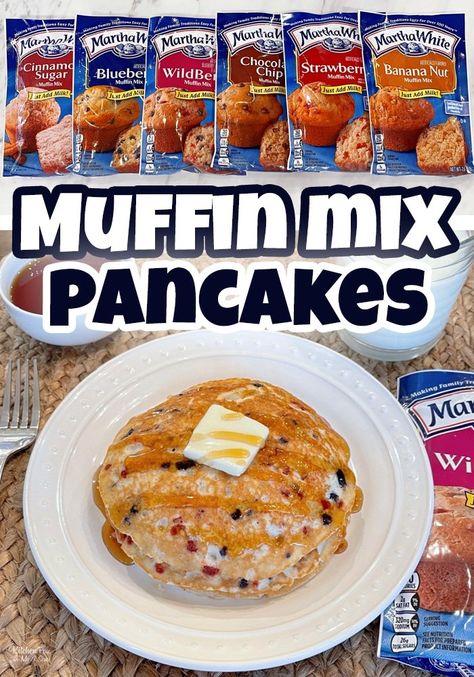 Easy 2-ingredient Muffin Mix Pancakes. Endless flavor options, super easy and totally delicious. My family loves them! Muffin Mix Pancakes, Martha White Muffin Mix, Muffin Mix Recipe, Pancake Mix Muffins, Banana Breakfast Cookie, How To Cook Pancakes, Pancake Muffins, Berry Muffins, Banana Breakfast