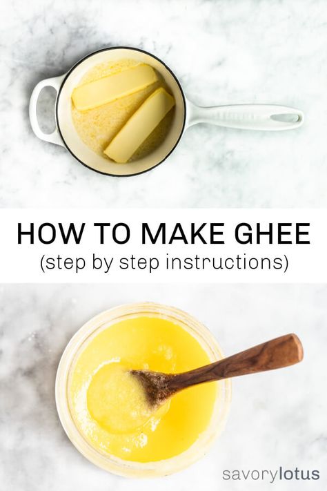 How to make ghee at home in just a few easy steps. Golden + delicious. So much cheaper than store-bought. Easy step by step directions. #ghee #butter #howtomakeghee #healthyfats #keto #ketofats #savorylotus Make Ghee At Home, Leftover Milk, Ghee Recipe, Making Ghee, Homemade Pantry, Organic Butter, Fat Soluble Vitamins, India Food, Grass Fed Butter