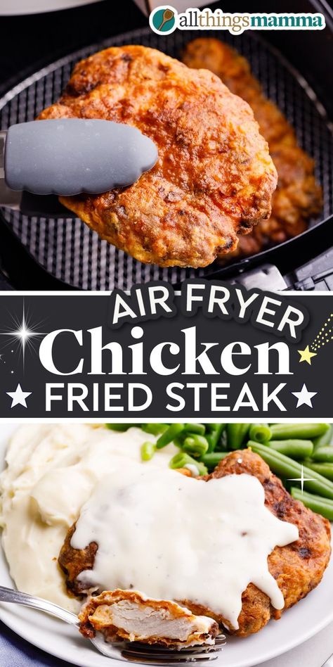 Air Fryer Chicken-Fried Steak social collage graphic Steak And Shrimp Recipes, Steak Pasta Recipes, Steak Dinner Ideas Sides, Dinner Ideas Sides, Steak In Air Fryer, Tacos Steak, Country Fried Steak Recipe, Chicken Fried Steak Recipe, Steak Sides