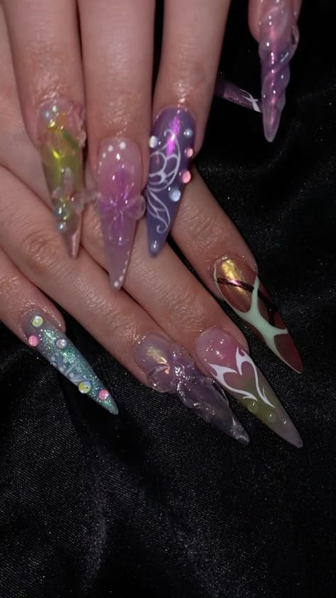 All Posts • Instagram Nail Inspo Fairy Grunge, Fairy Nails Designs Aesthetic, Stiletto Nail Design Ideas, Fairy Acrylic Nails, Summer Nails Stiletto, Fairy Nails Acrylic, Fairy Inspired Nails, Fiji Aesthetic, Fairy Core Nails