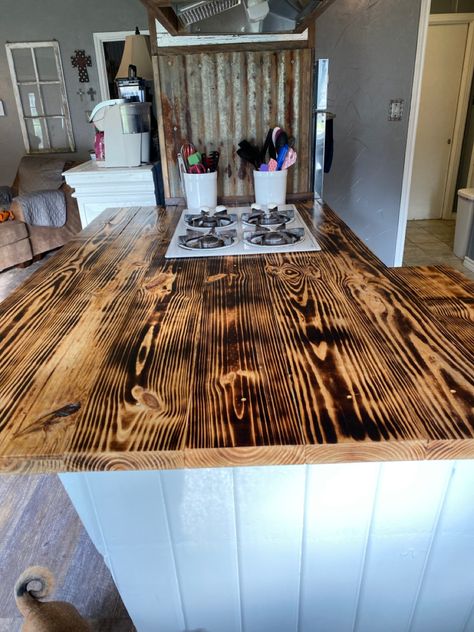 Burned Wood Countertop, Burnt Wood Countertops Kitchen, Burnt Wood Countertops, Cedar Countertop Kitchen, Wooden Countertops Kitchen, Wood Counters, Diy Wood Countertops, Urbane Bronze, Kitchen Vibes